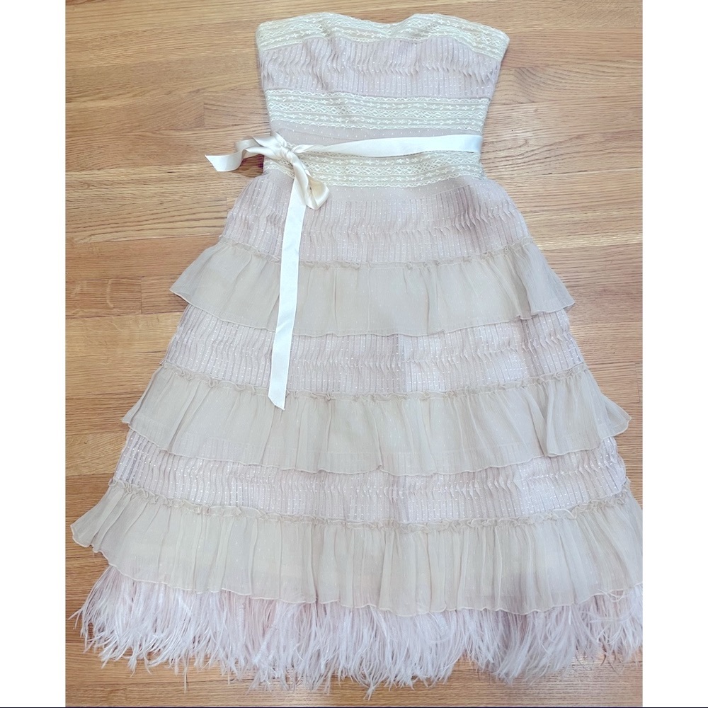 Bcbgmaxazria Dress- Vintage Ostrich Feather Tiered Silk Lace Chiffon Size 4
